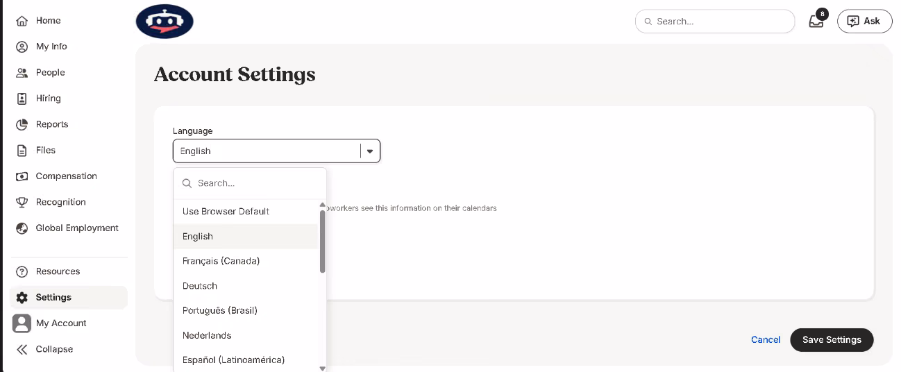 BambooHR account settings with the interface language list open on English, French, German and Spanish
