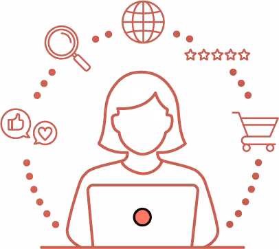 Illustration of a person at a laptop surrounded by search, review and shopping signals
