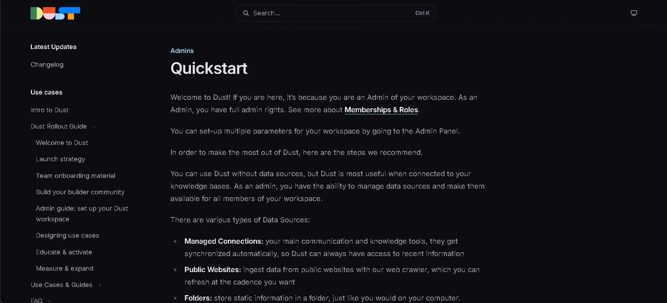 Dust documentation quickstart guide written for workspace administrators