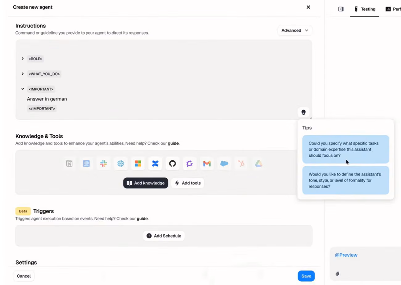 Dust create-new-agent panel with instructions, knowledge and tools, triggers and settings