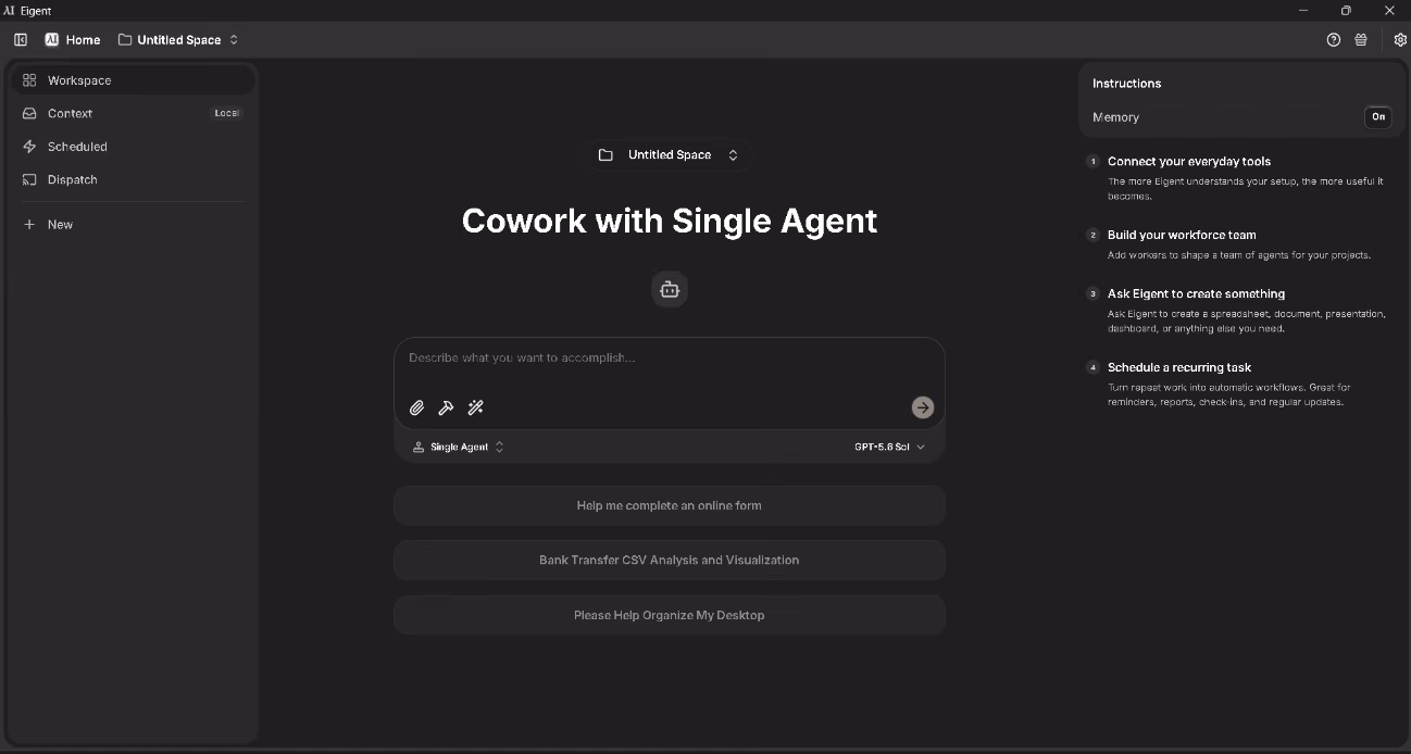 Eigent single-agent workspace with a task prompt box and suggested starting tasks