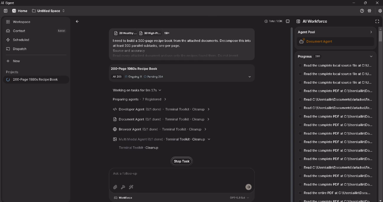 Eigent AI Workforce view running a multi-agent task across document, browser and terminal agents