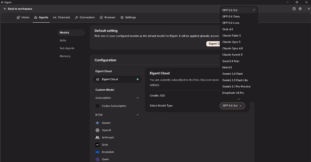 Configuración de agentes de Eigent con la lista de modelos desplegada en GPT, Claude, Grok y Gemini