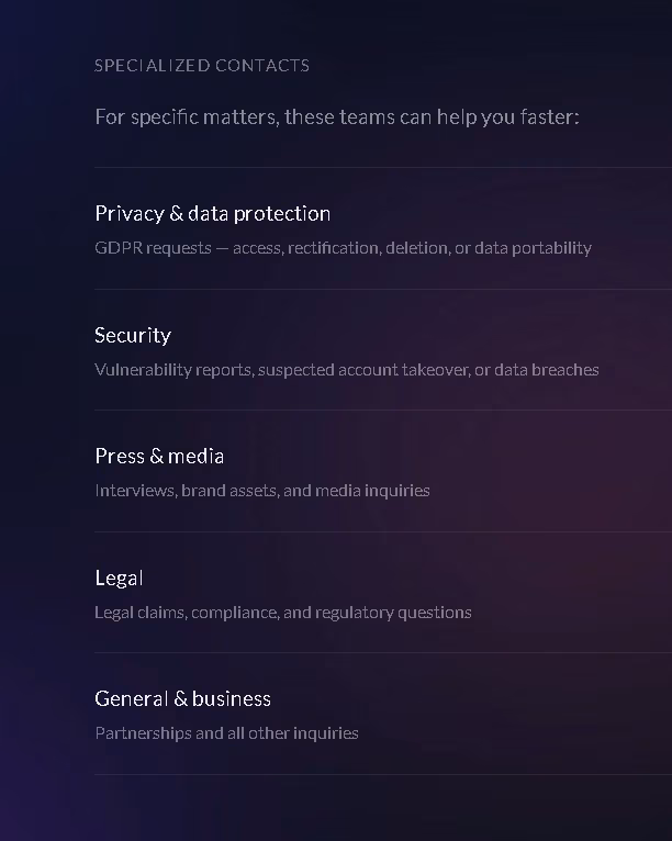 Eustella specialised contacts page for privacy, security, press, legal and business enquiries