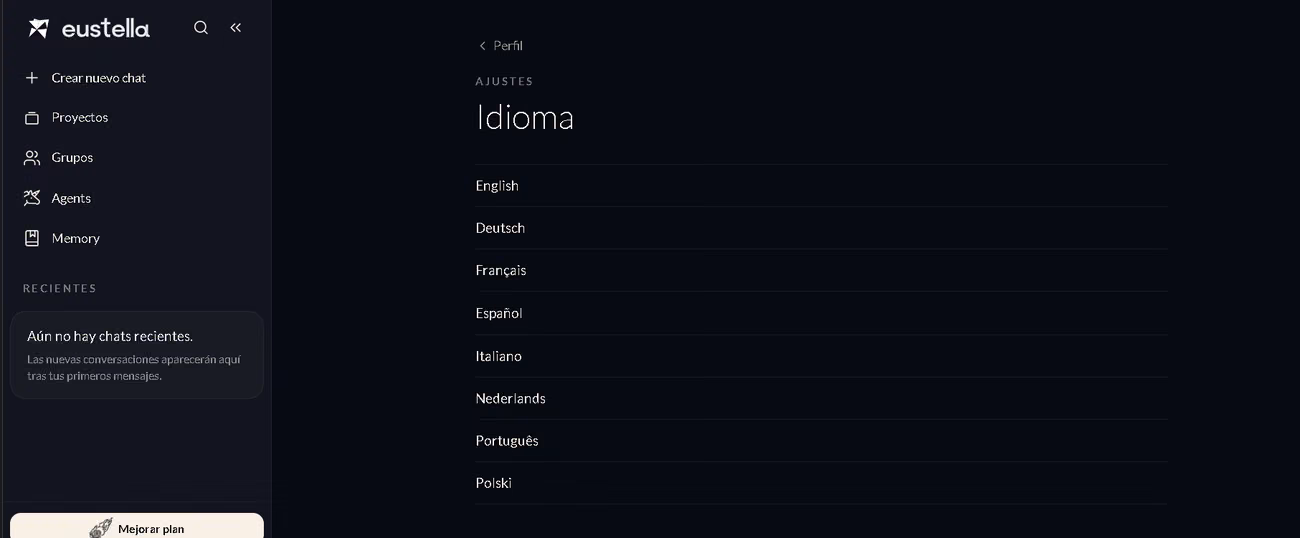 Ajustes de idioma de Eustella con inglés, alemán, francés, español, italiano, neerlandés, portugués y polaco