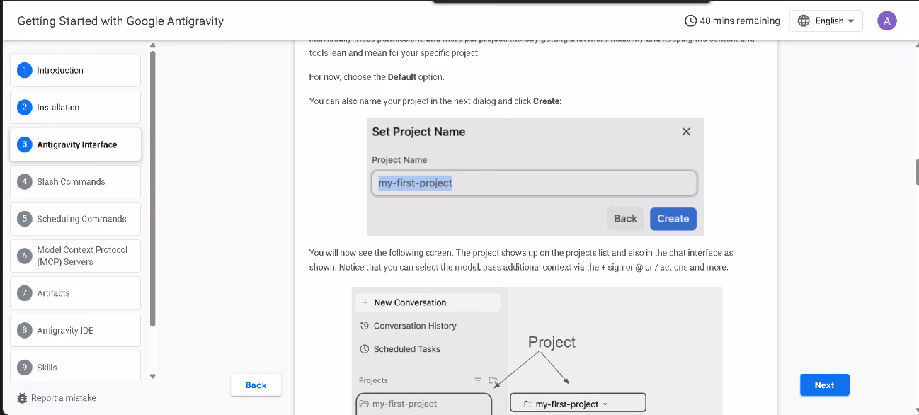 Antigravity getting-started walkthrough showing how to name and create a first project