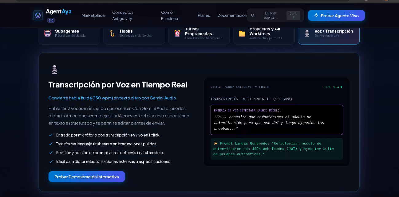 Página de transcripción de voz en tiempo real de Antigravity, que convierte el habla en prompts estructurados