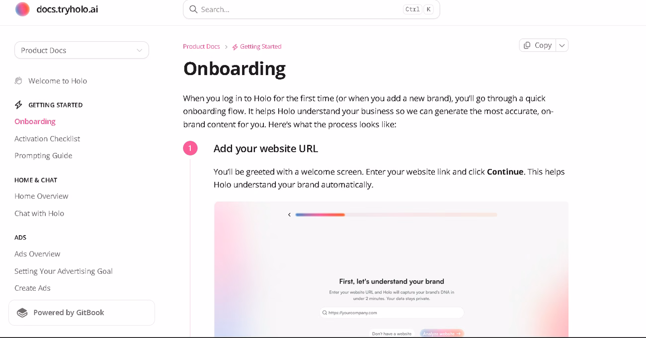 Documentación de producto de Holo AI en docs.tryholo.ai con la guía de puesta en marcha