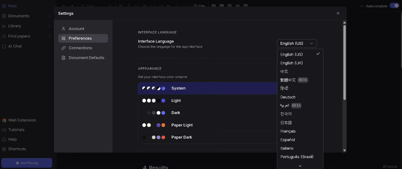 Jenni preferences showing the interface language list and the light and dark appearance themes