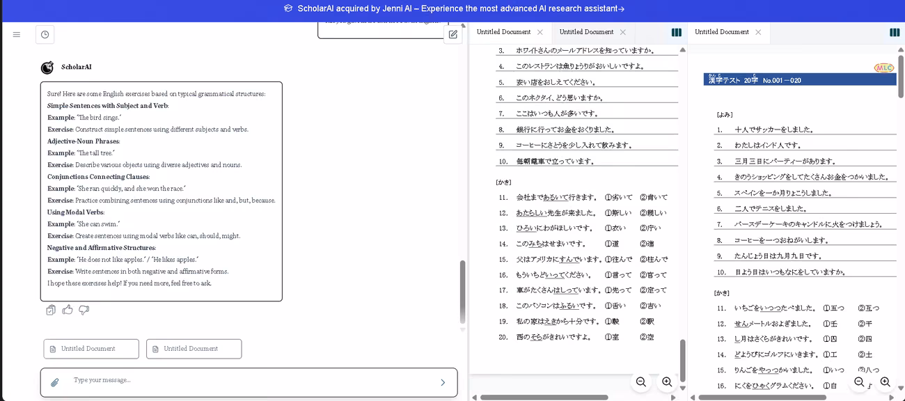 ScholarAI banner announcing the Jenni AI acquisition above a Japanese grammar exercise document