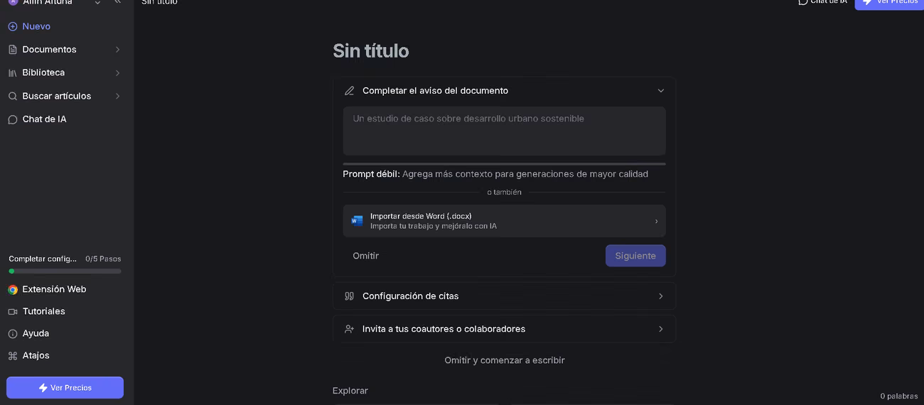 Configuración de un documento nuevo en Jenni con aviso del documento, importación desde Word y ajustes de citas