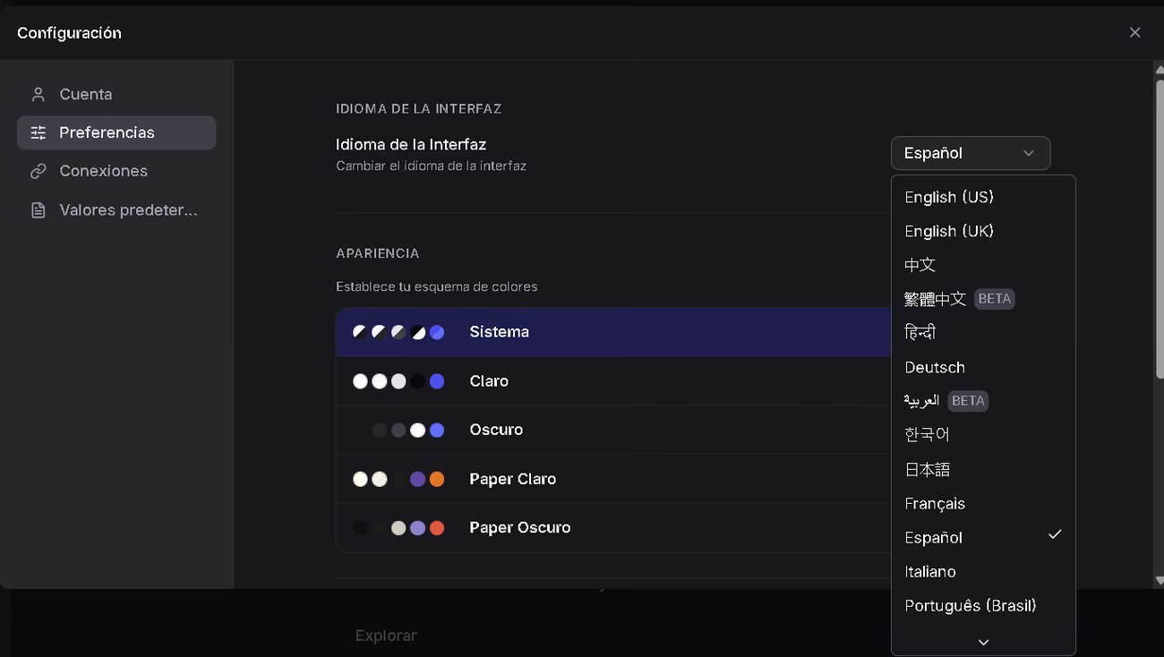 Preferencias de Jenni con el idioma de la interfaz en español y los esquemas de color disponibles