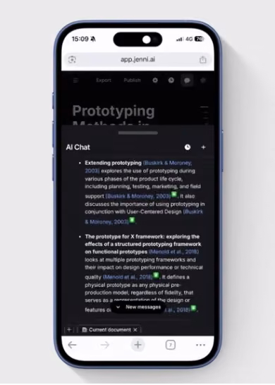 Jenni en el navegador de un teléfono, en app.jenni.ai, con el chat de IA junto a los párrafos citados
