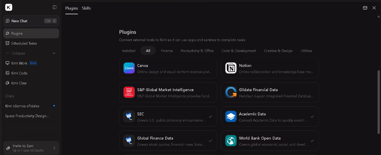 Kimi plugin directory with Canva, Notion, S&P Global, SEC and World Bank data connections