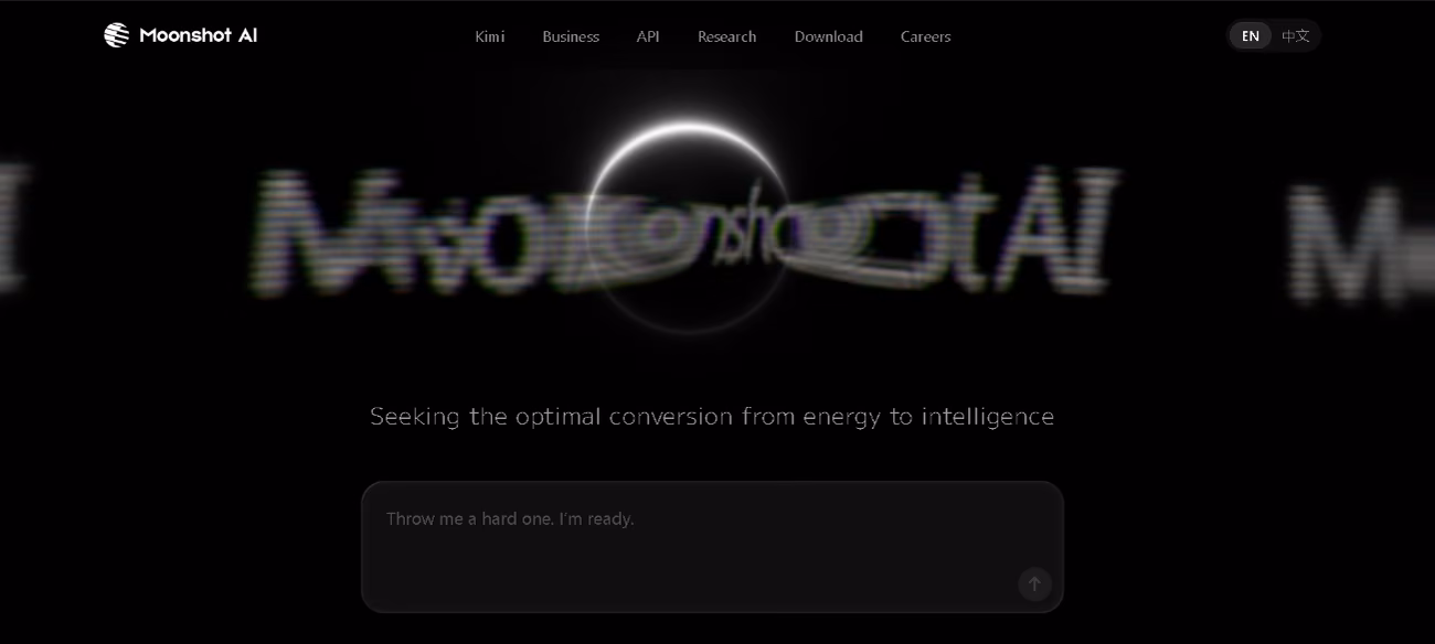 Página de inicio de Moonshot AI invitando a plantear un problema difícil a Kimi