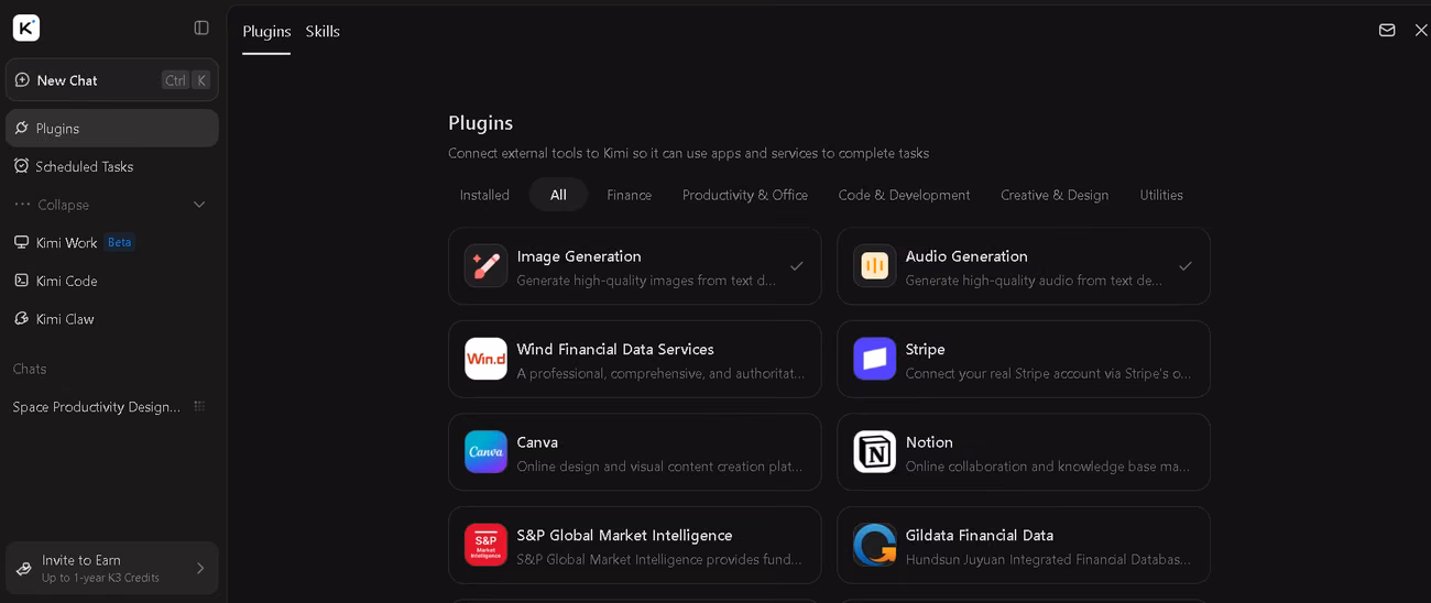 Directorio de plugins de Kimi con generación de imágenes y audio, Stripe, Canva y Notion