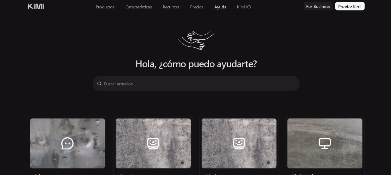 Centro de ayuda de Kimi en español, con el buscador de artículos y las categorías principales
