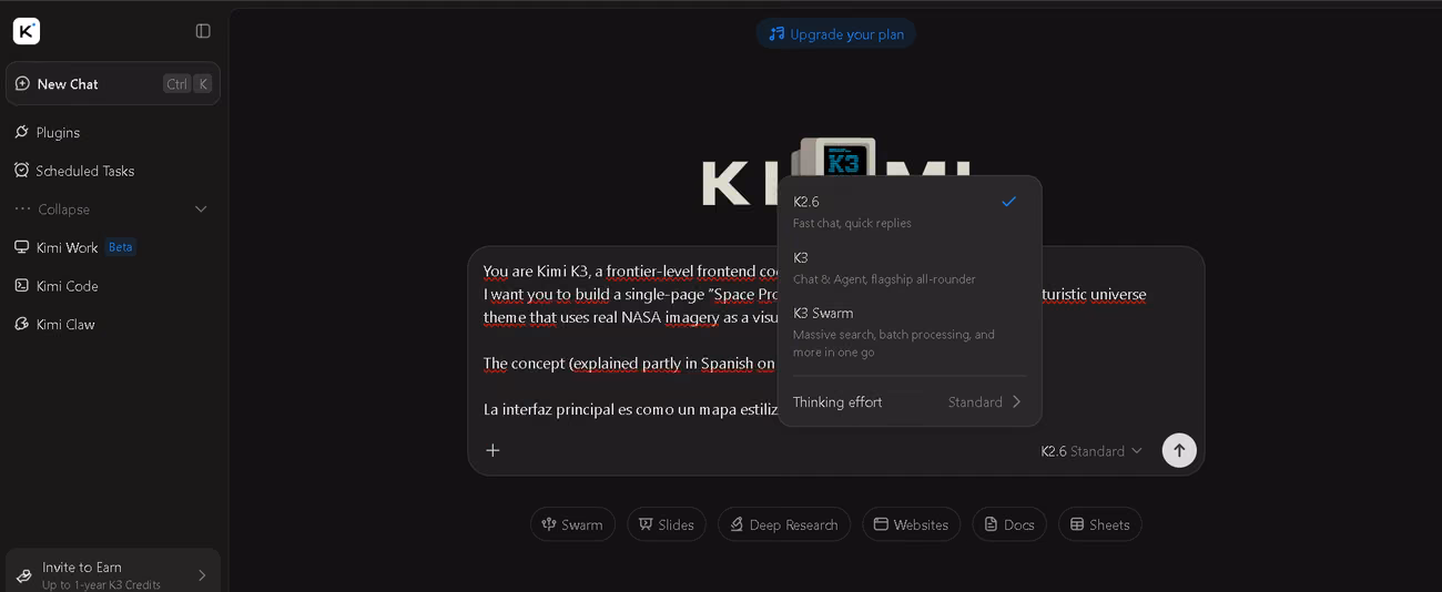 Selector de modelos de Kimi comparando K2.6, K3 y el enjambre K3, con el control de esfuerzo