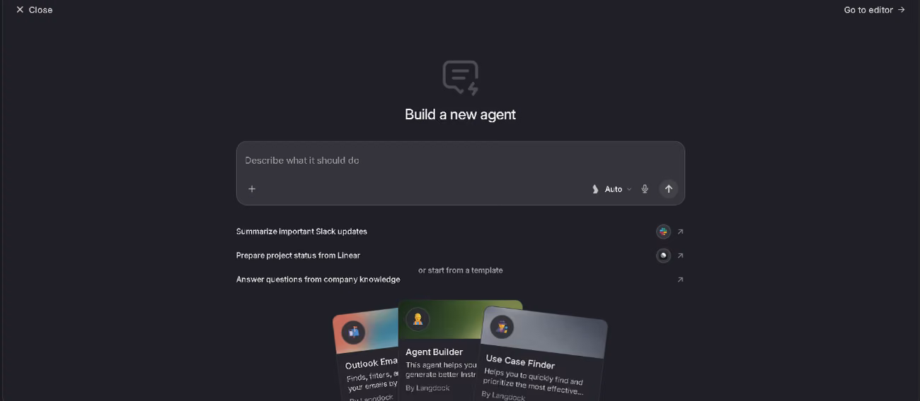 Langdock build-a-new-agent screen with a description prompt and starter templates