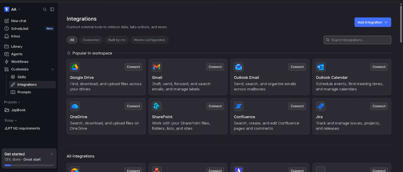 Langdock integrations catalogue covering Google Drive, Gmail, Outlook, OneDrive, SharePoint, Confluence and Jira