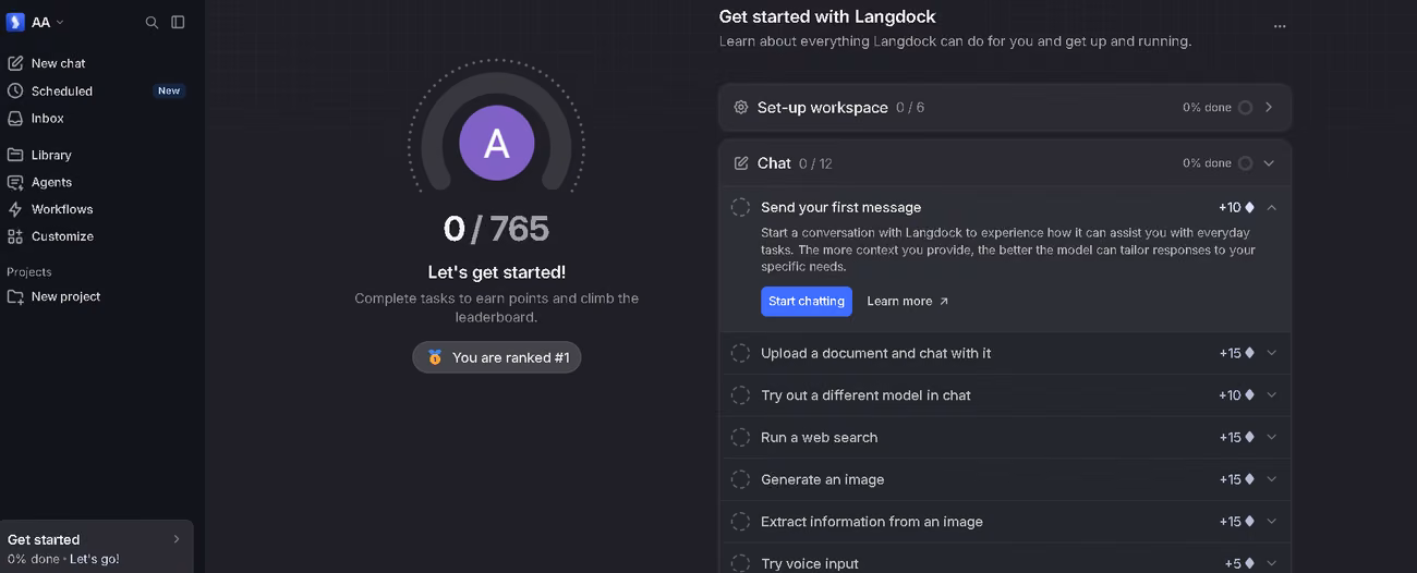 Langdock onboarding checklist scoring setup tasks against a workspace leaderboard