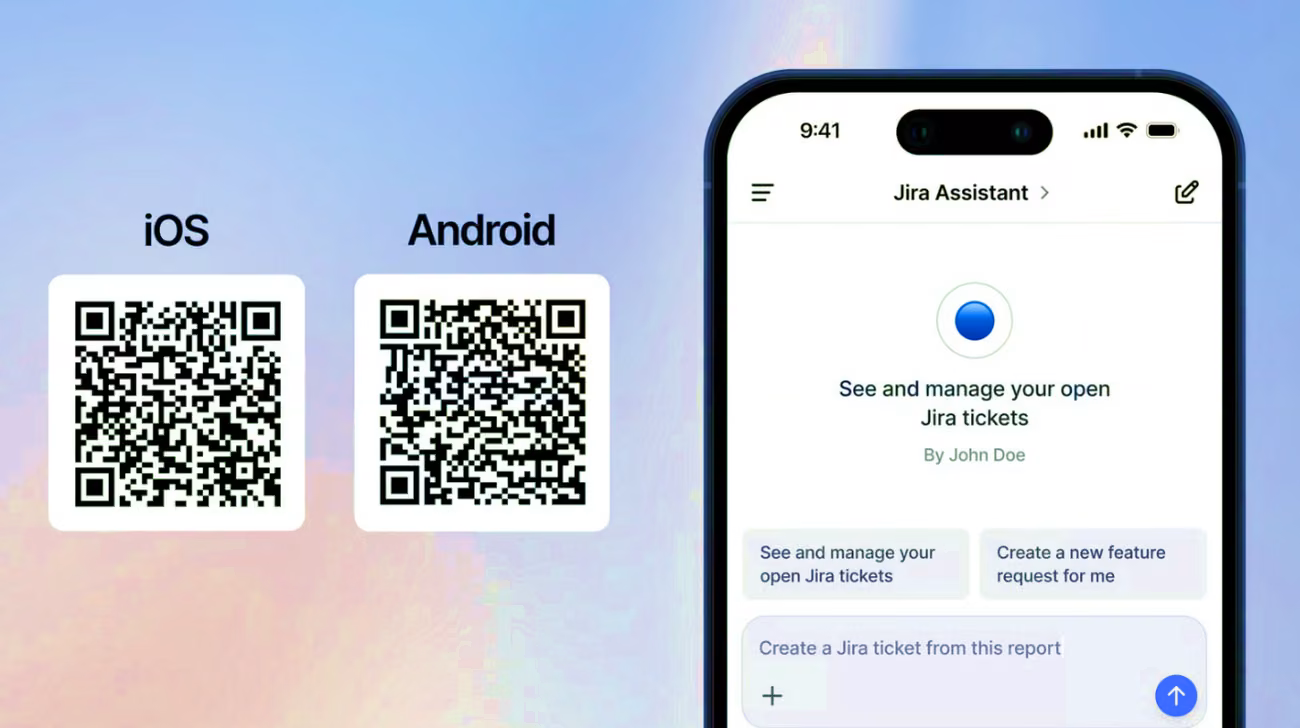 Aplicaciones móviles de Langdock para iOS y Android con el agente Jira Assistant abierto en un teléfono