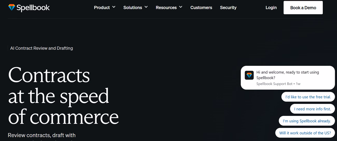 Spellbook homepage, showing its contract AI add-in for Microsoft Word