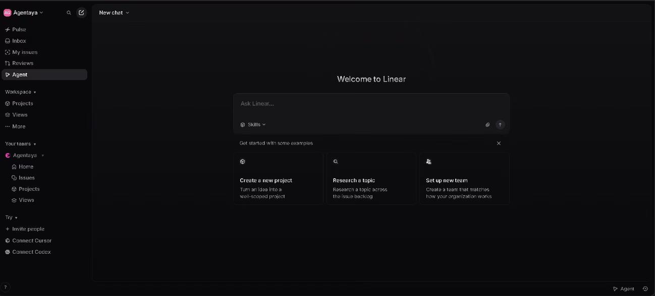 Linear welcome screen suggesting first steps: create a project, research a topic or set up a team
