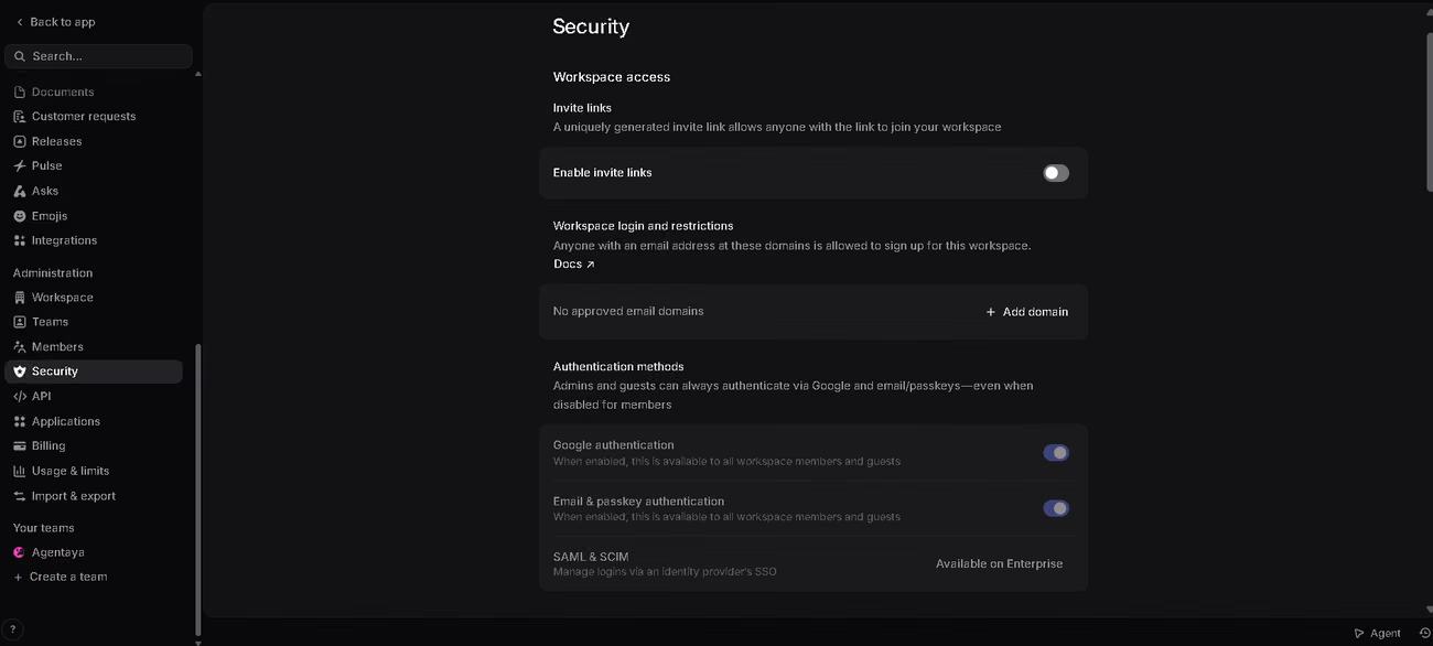 Linear workspace security settings covering invite links, approved domains and authentication methods