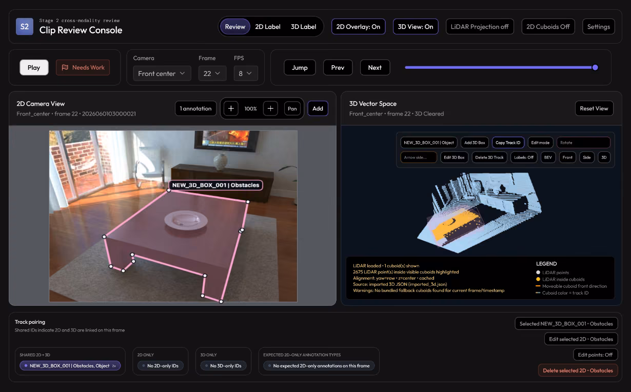 micro1 clip review console annotating a 3D bounding box across camera and LiDAR views