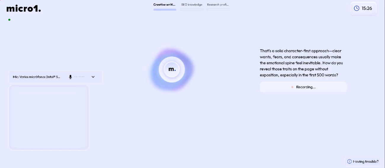 A micro1 AI practice interview in progress, asking a creative writing follow-up question