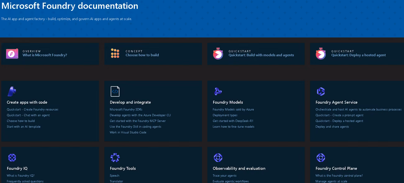 Microsoft Foundry documentation hub with quickstarts for models, agents and deployment