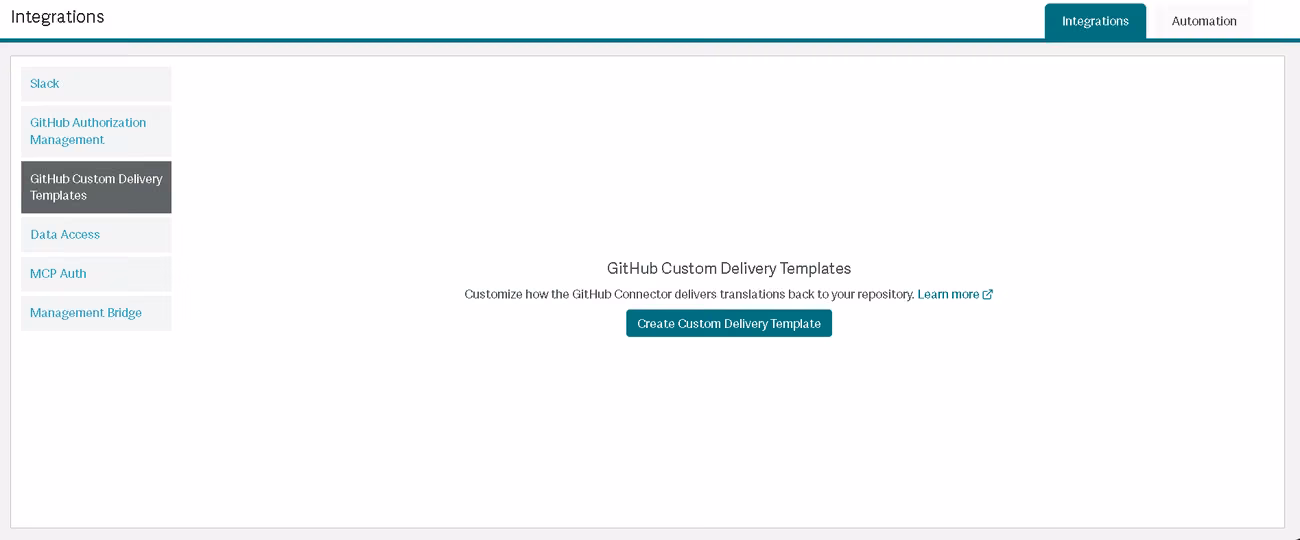 Smartling integrations tab listing Slack, GitHub connectors, data access and MCP authentication