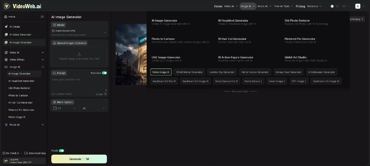 VideoWeb AI image generator workspace listing headshot, photo restore, cartoon and art studio tools
