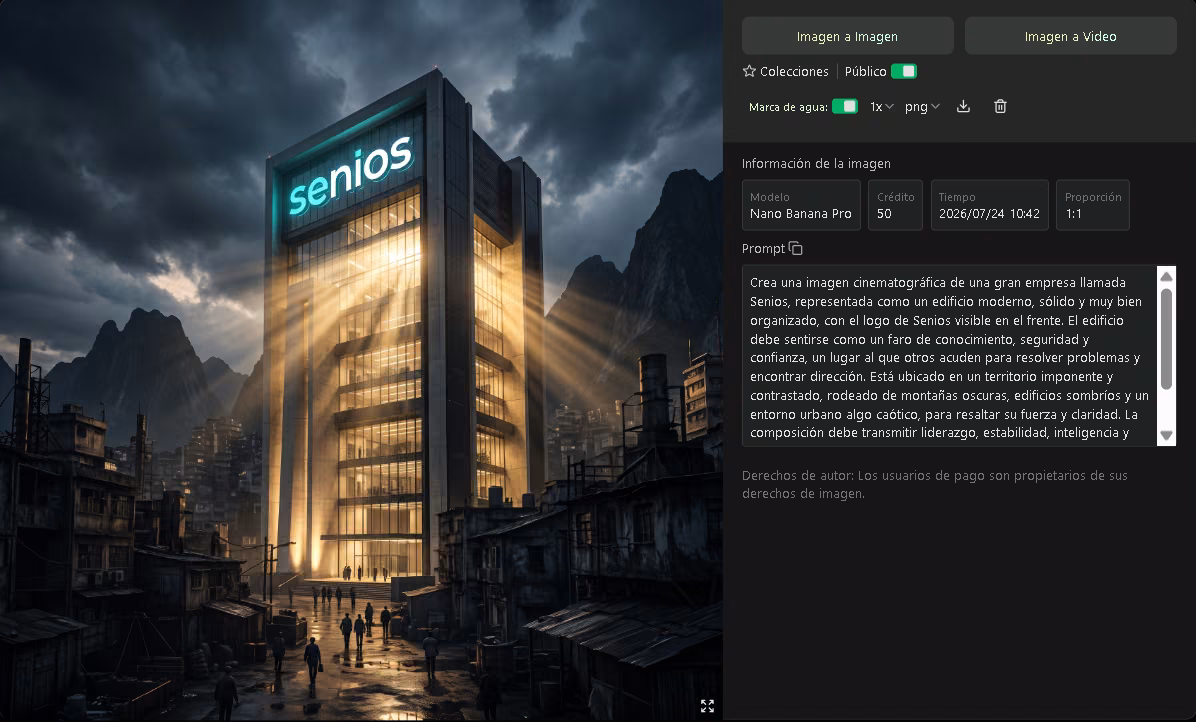 Imagen generada por VideoWeb AI de una torre de oficinas iluminada, con su prompt y el coste en créditos