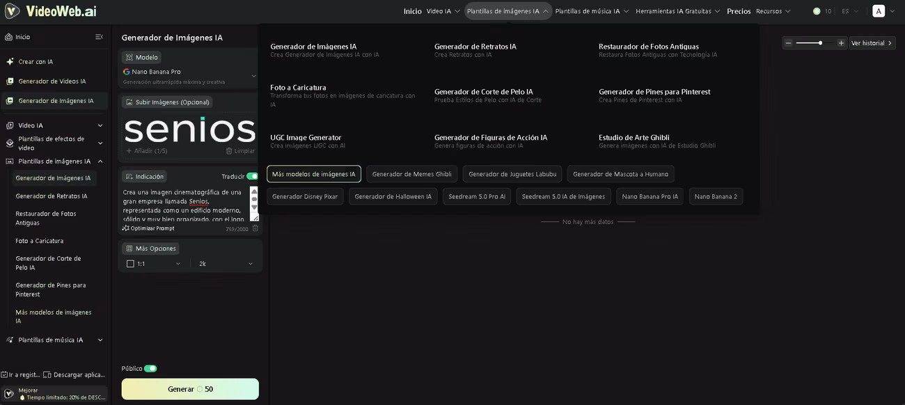 Generador de imágenes de VideoWeb AI con las herramientas de retrato, restauración de fotos y estudio de arte