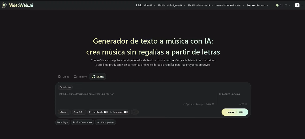 Generador de texto a música con IA de VideoWeb AI para crear canciones sin regalías a partir de letras
