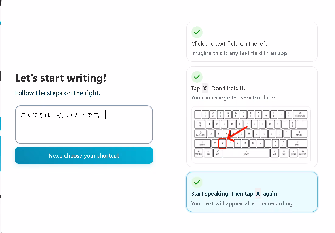 Voicy onboarding walkthrough showing how to place the cursor, hold the shortcut and speak