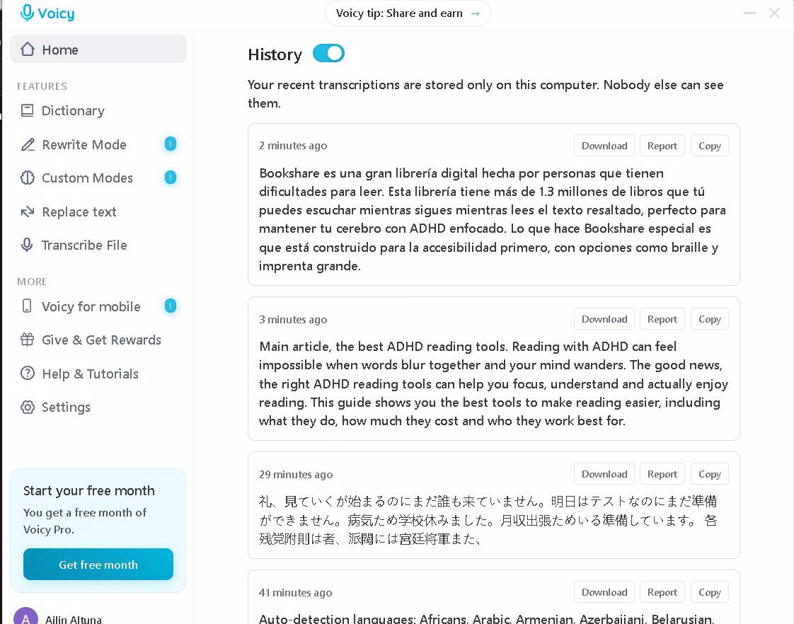 Voicy local history listing recent transcriptions in Spanish, English and Japanese with copy and download actions