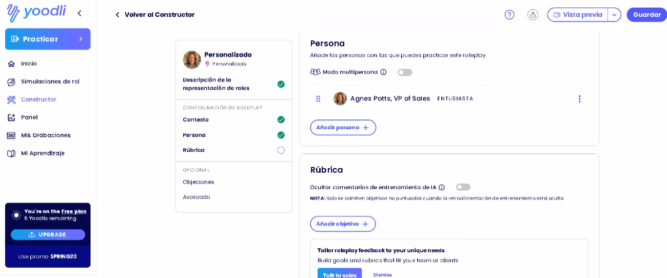 Yoodli role-play constructor defining the AI persona and the scoring rubric for a scenario